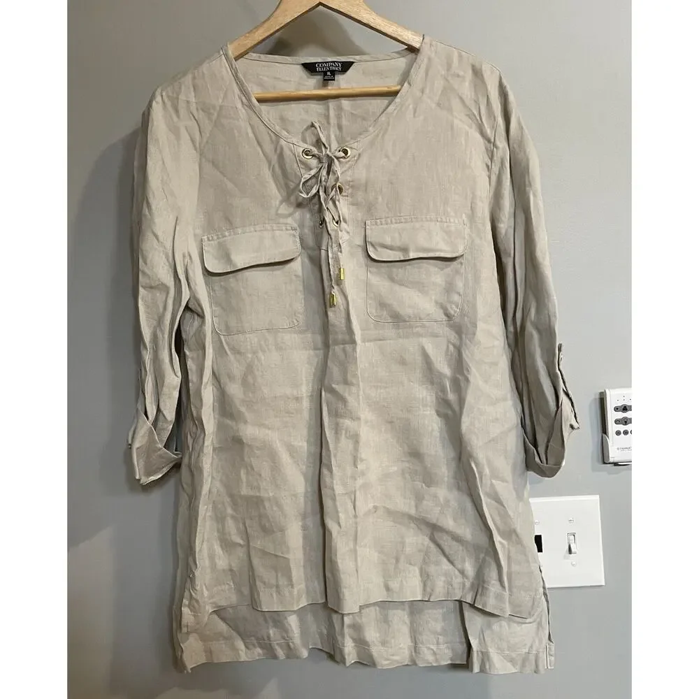 Ellen Tracy Top Linen Tunic Lace Up Neckline Boho Peasant Womens XL‎ Lagenlook